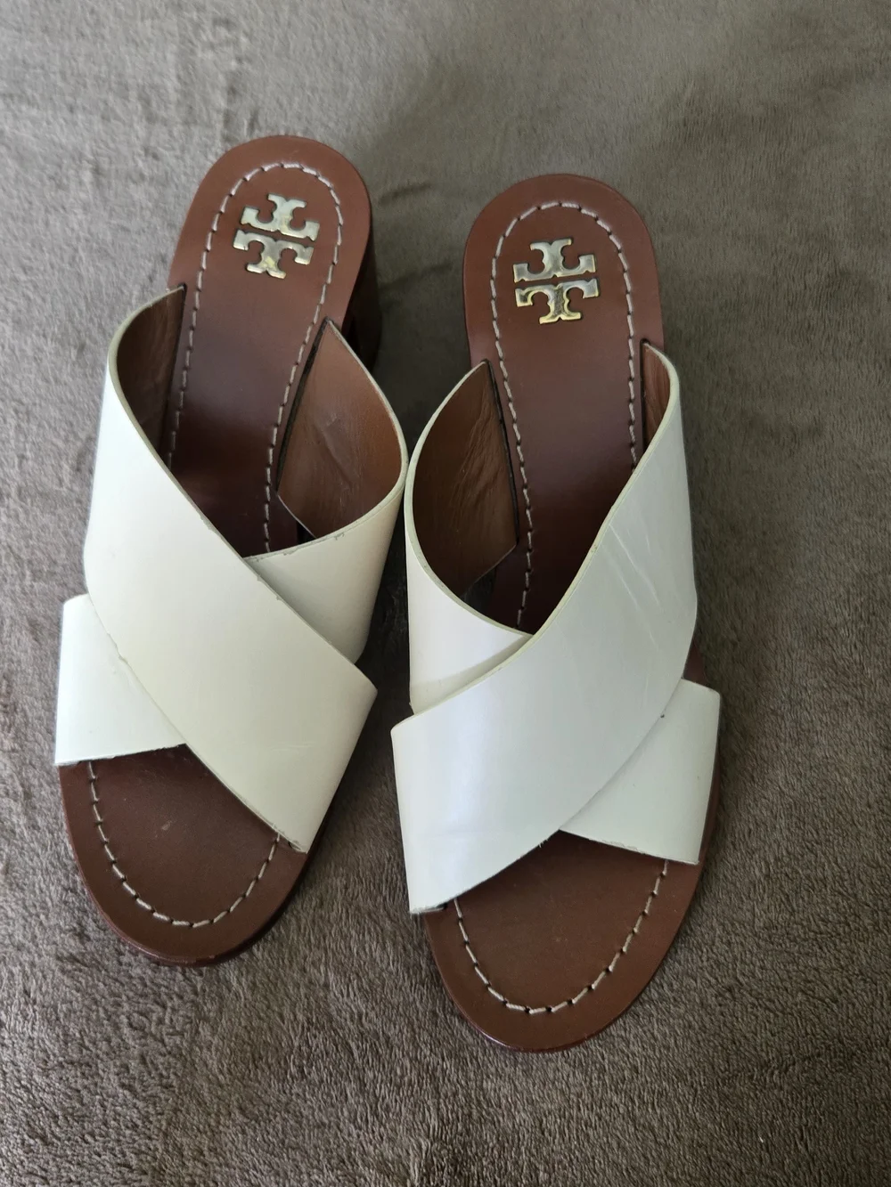 Tory Burch White Leather Crisscross Slide Sandals